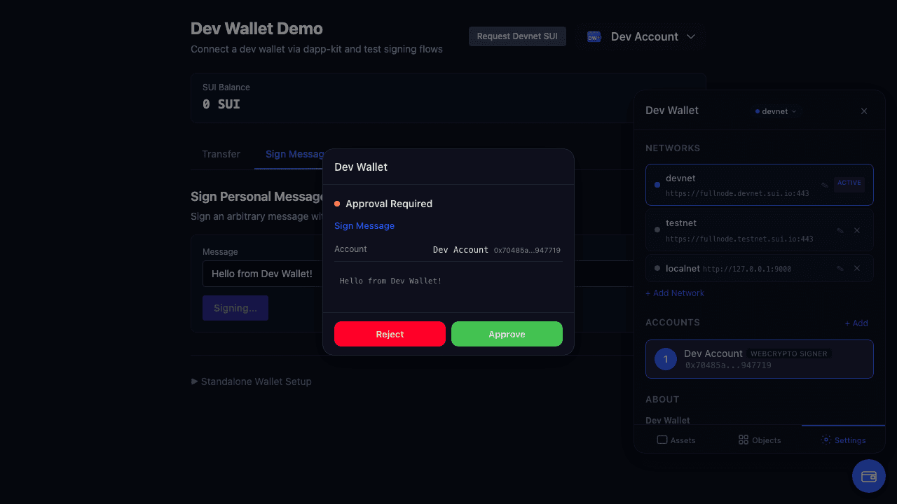 Signing modal showing approval required with message details